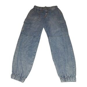 SO Womens Medium Wash Denim Cargo Joggers Elastic Waist Utility Pants Size M